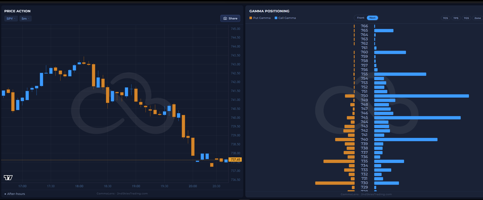 GammaLens — SPY price action alongside gamma positioning